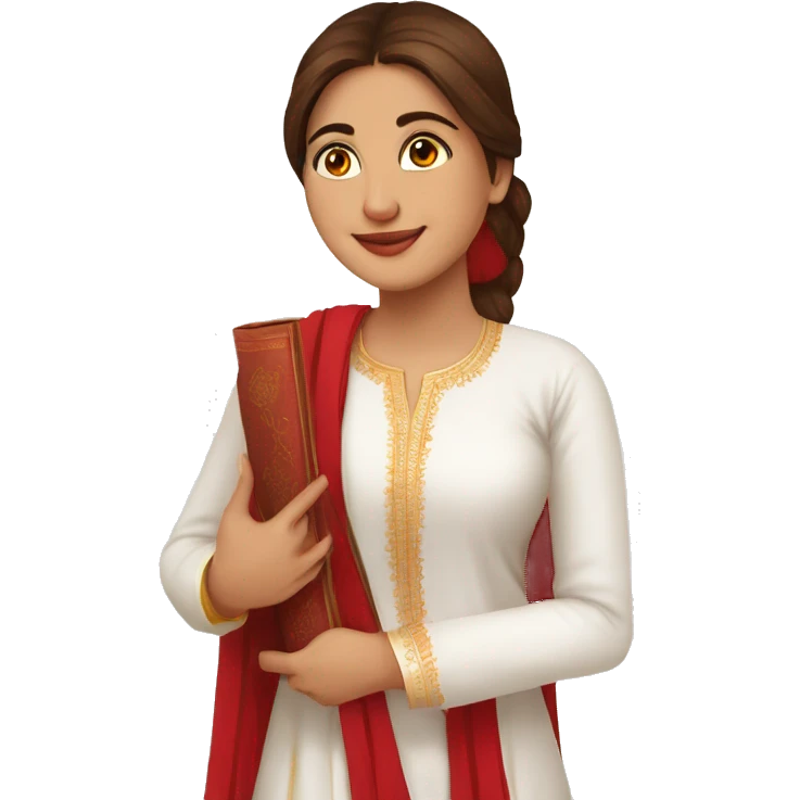 A modern women wearing white kurti  red dupatta and book in hand emoji