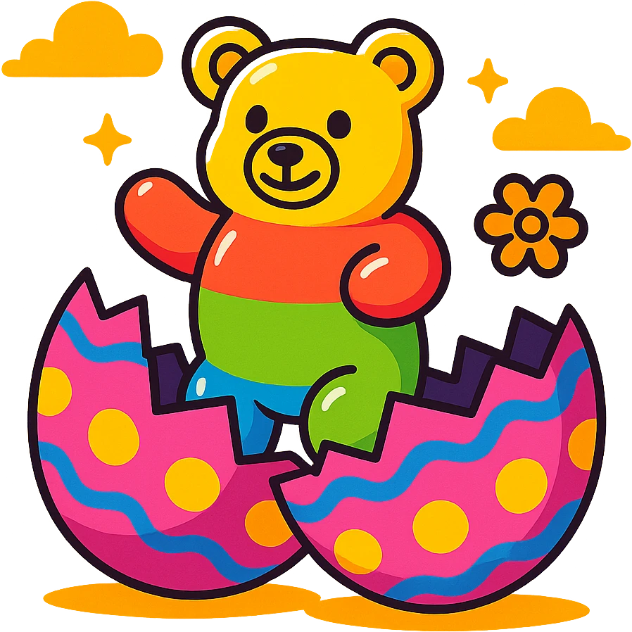 a gummy bear emerging from a cracked Easter egg, colorful, cute, simple background, bright colors, playful emoji