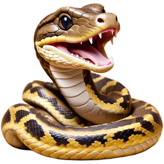 Cinematic Cute Yawning Python Portrait Emoji, Head tilted slightly with a dramatic, wide-open yawn, showcasing a sinuous, scaled form with drowsy, half-closed eyes and an open, relaxed mouth, Simplified yet irresistibly adorable features, highly detailed, glowing with a soft, cozy earthy glow, high shine, relaxed yet expressive, stylized with a dash of whimsical reptilian charm, soft glowing outline, capturing the essence of a drowsy yet affectionate python that appears ready to stretch out for a nap! emoji