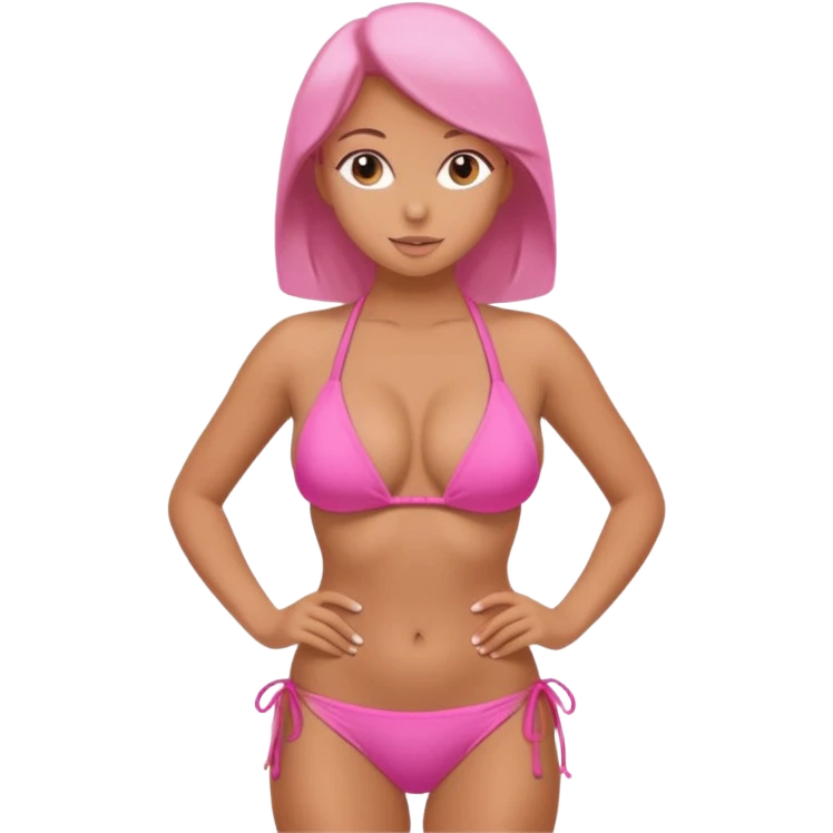 Lady with huge boobs, in a tight bikini, tanned, boobs are so big in tight pink and very revealing bikini, very round/spherical boobs emoji