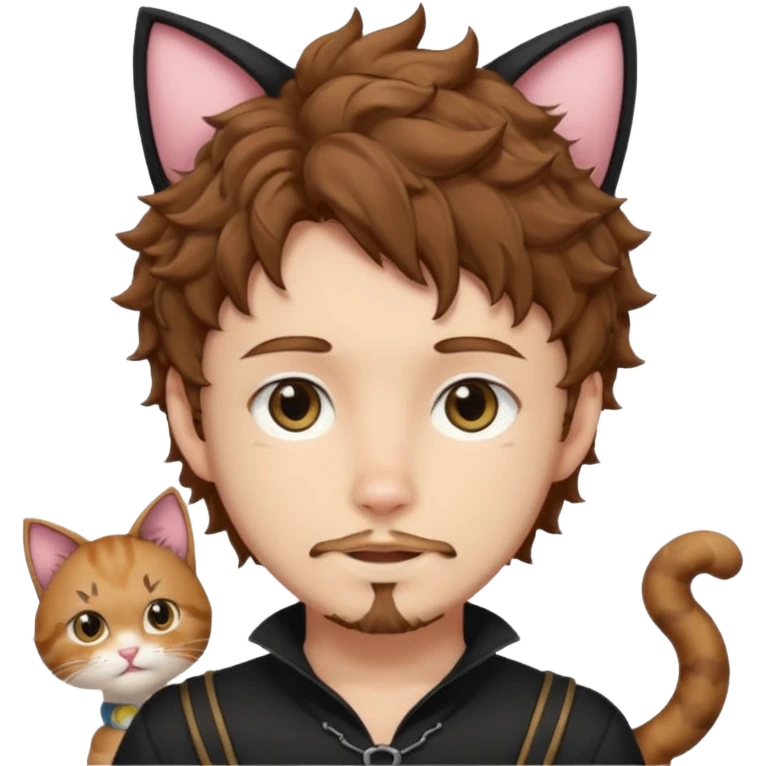 white boy with cat tail with goatee hair and cat ears with brown hair and anime features woth curly hair  emoji