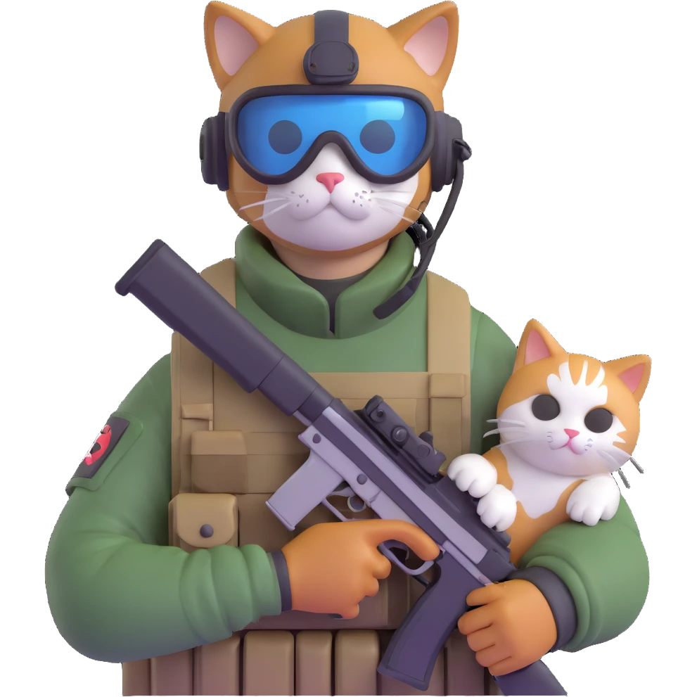 Man in tactical airsoft gear wearing protective goggles on face, holding a gun in one hand and a white and brown cat in the other hand emoji