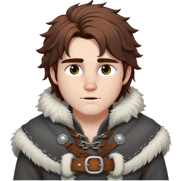 Medieval winter outfit worn by a DnD themed fantasy male character. Heavy slate gray wool tunic with wolf fur trim, featuring carved bone toggles and a wide leather belt with iron buckle. Clothes only above the waist, full waist coverage. The character has no arms. Character is white-skinned with dark copper hair, hazel eyes, and medium-length tousled hair with snow-touched strands. emoji
