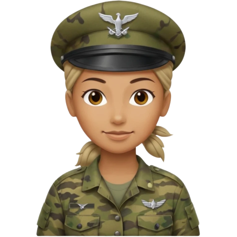 Apple emoji look — female soldier, no cap/helmet, bust, neutral smile, generic camo shirt, hair tied back, soft gradients, no weapon emoji