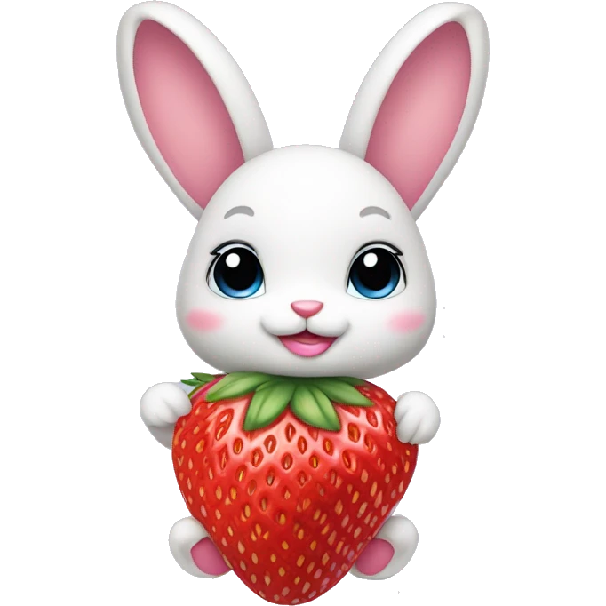 a bunny with a coquette bow on the side of her head with a strawberry in her hand with a purse emoji