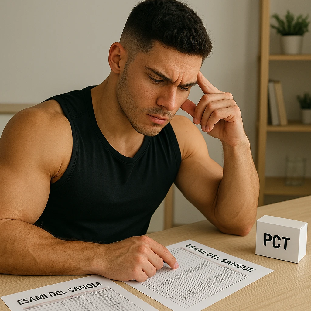 young muscular bodybuilder in sportswear sitting at a table with blood test sheets and a box labeled 'PCT', concentrated expression consulting test values, attentive atmosphere, Italian text and tables, tidy room background, 4K quality emoji