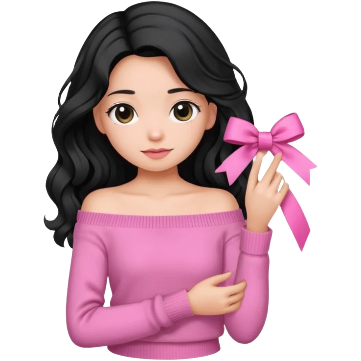 Girl with black wavy little long hair and a ribbon hair clip beside it make it look like wearing a pink off shoulder sweater  emoji