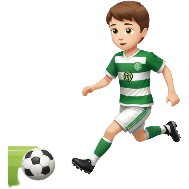 Brown hair 6 years old white boy footballer RUNNING playing soccer wearing CELTIC  UNIFORM  has white stripes  # 17 in the jersey !  emoji