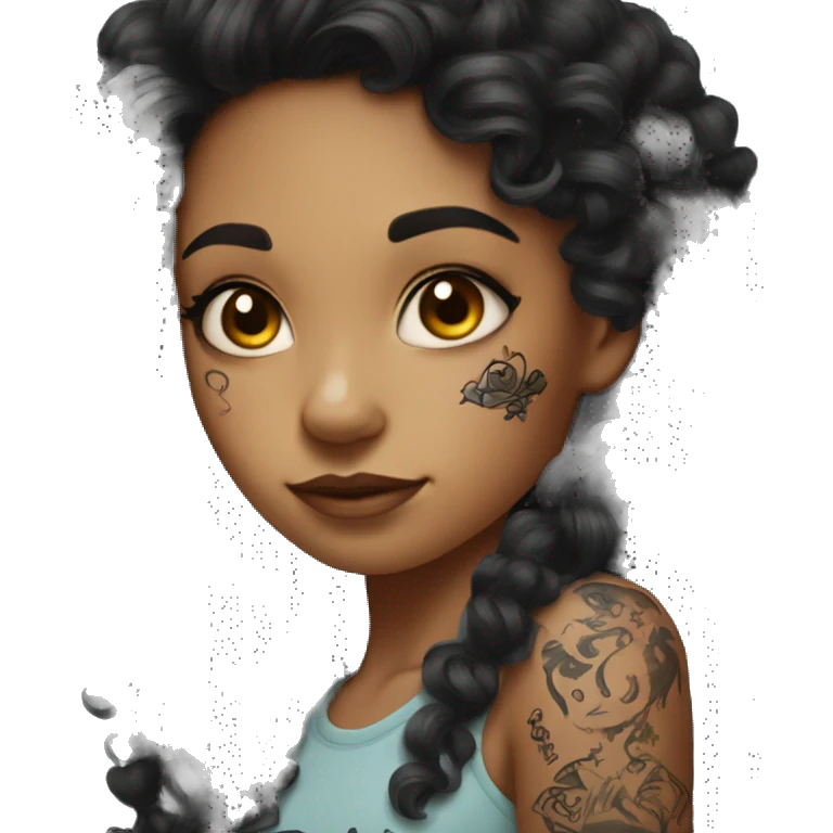 girl with dark curly hair with tattoo on her arm emoji