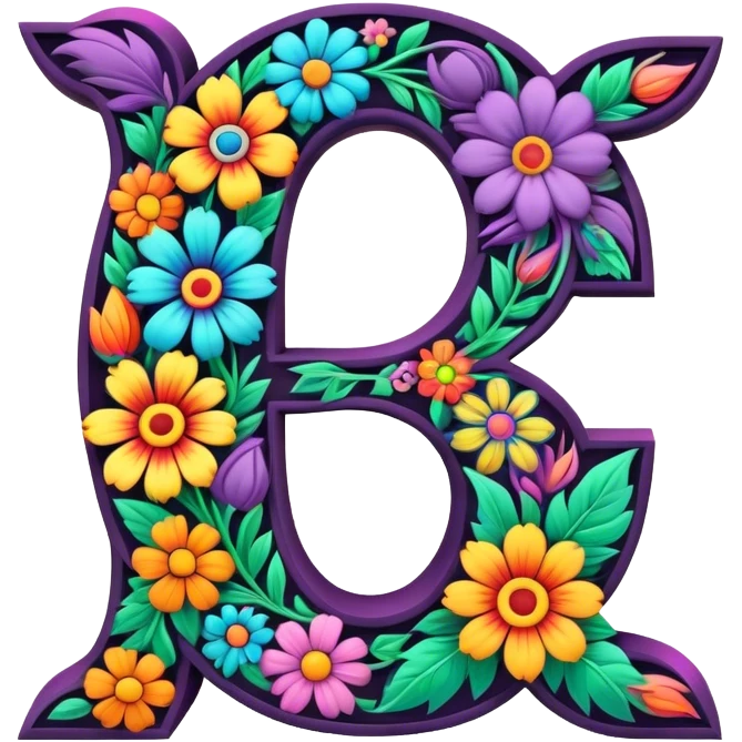 3D, gothic style psychedelic colored Letter C with hippie style flower border emoji