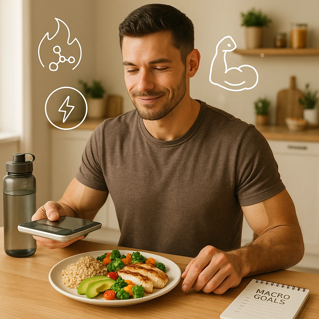 A fit man in his early 30s, sitting calmly at a clean wooden kitchen table, adjusting his meal portions with intention. On the plate: whole grain rice, avocado slices, grilled chicken, and olive oil drizzled vegetables — slightly more than a normal serving, symbolizing a small caloric surplus. He’s holding a digital food scale and smiling slightly, showing confidence. Around him float clean icons of metabolism, muscle growth, and energy. Background: bright morning light, minimalistic kitchen with fitness and wellness elements (e.g. a water bottle, notepad with 'macro goals', and healthy food on shelves). Style: semi-realistic, lifestyle photography look, warm tones, high detail emoji