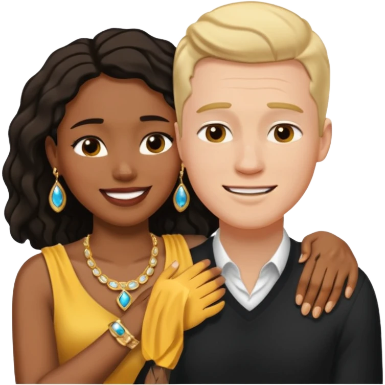 interracial couple. Black smiling woman with nice jewelry. White man crying with his arm around her shoulder. emoji