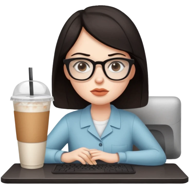 컴퓨터 작업 중 + 아이스 아메리카노(테이크아웃 잔)링거 + 다크서클 + 검은머리 여성 emoji