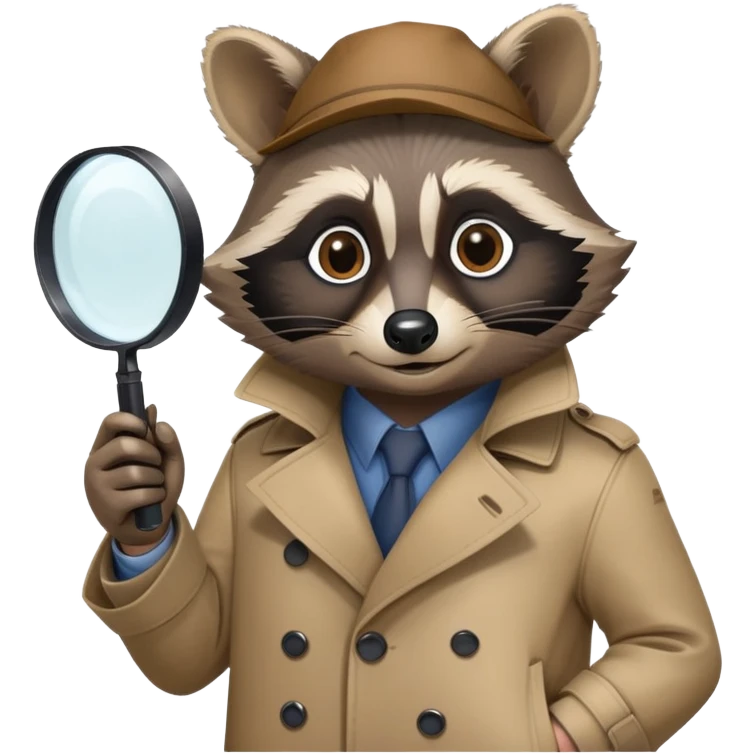 Raccoon private investigator with trenchcoat and magnifying glass emoji