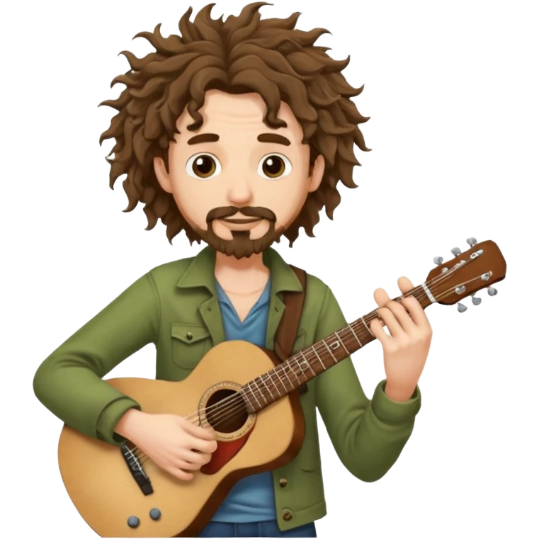 Generate a malnourished dude with curly hair and a shitty goatee who is high on marijuana playing the guitar and twisting a strand of his hair emoji
