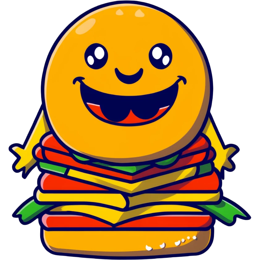 A fun food monster made of burger, pizza, and fries with cartoon eyes and a big smile emoji