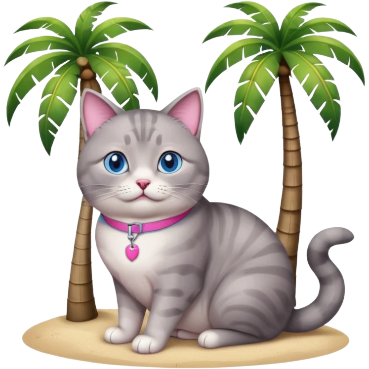 Fat grey cat with blue eyes and pink collar sitting outside under a palm tree emoji