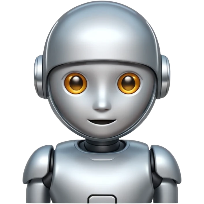 A cute futuristic robot emoji made of silver chrome, rounded friendly body, minimal facial features, glossy metallic surface, soft reflections, iOS emoji style, centered, clean white background emoji
