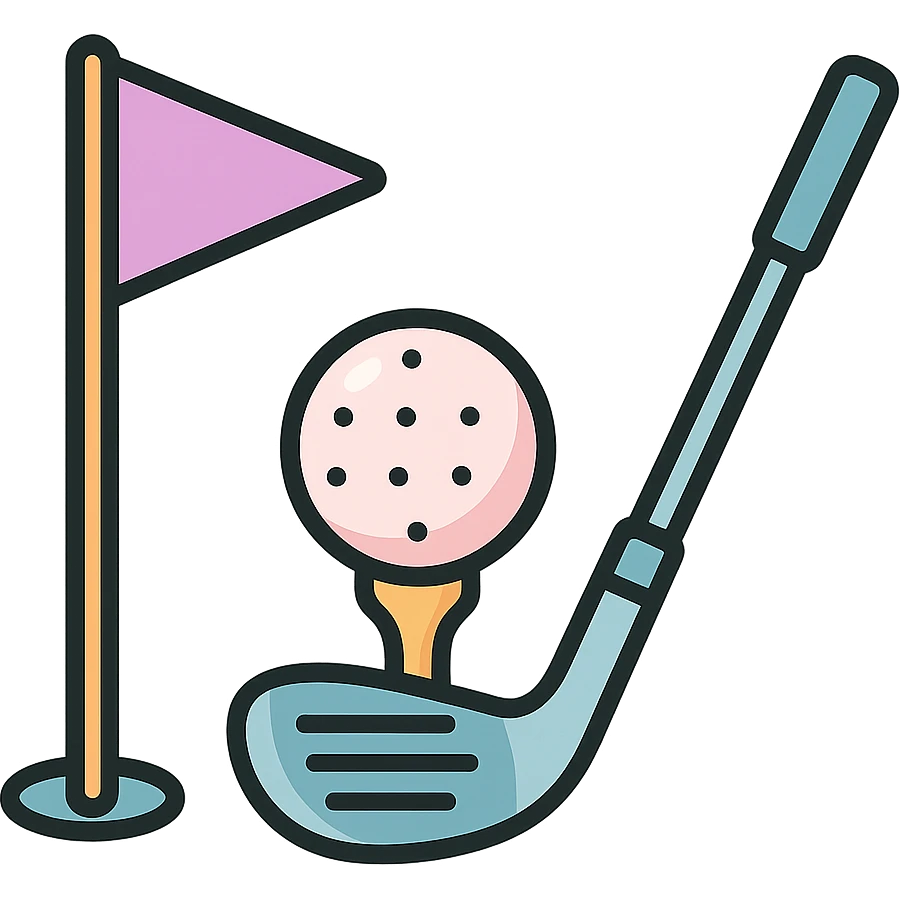 golf ball on a tee with flag and golf club included, icon-color-outlined style, detailed shading, thin clean outlines, soft rounded features, pastel palette #98B5BC #B5B3C1 #C9A3C9 #E4C0CA #F7DCD1 #F7C0AA, Japanese pop art, sticker look, highly detailed, vector clarity, soft lighting, subtle shadows, transparent background emoji