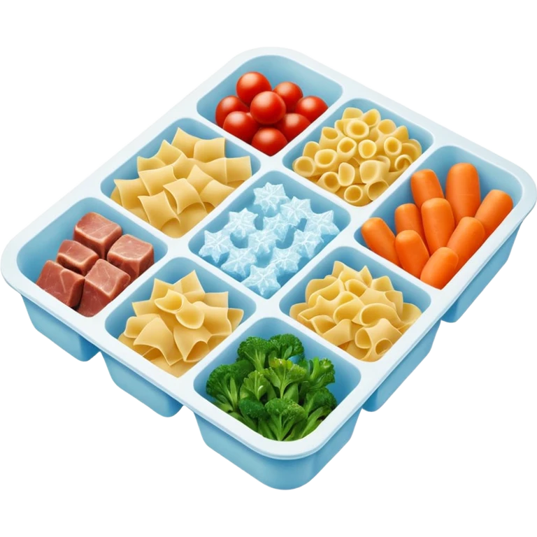 rectangular frozen food tray 2-3 compartments frozen pasta vegetables meat frosty ice crystals muted colors firm uncooked dark simple tray no branding no utensils no packaging soft lighting transparent background emoji scale emoji