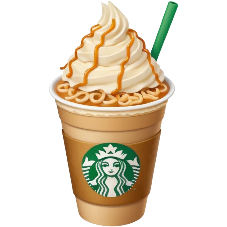 Hot ramen, macaroons on the side and caramel ribbon crunch frappucino in a starbucks cup emoji