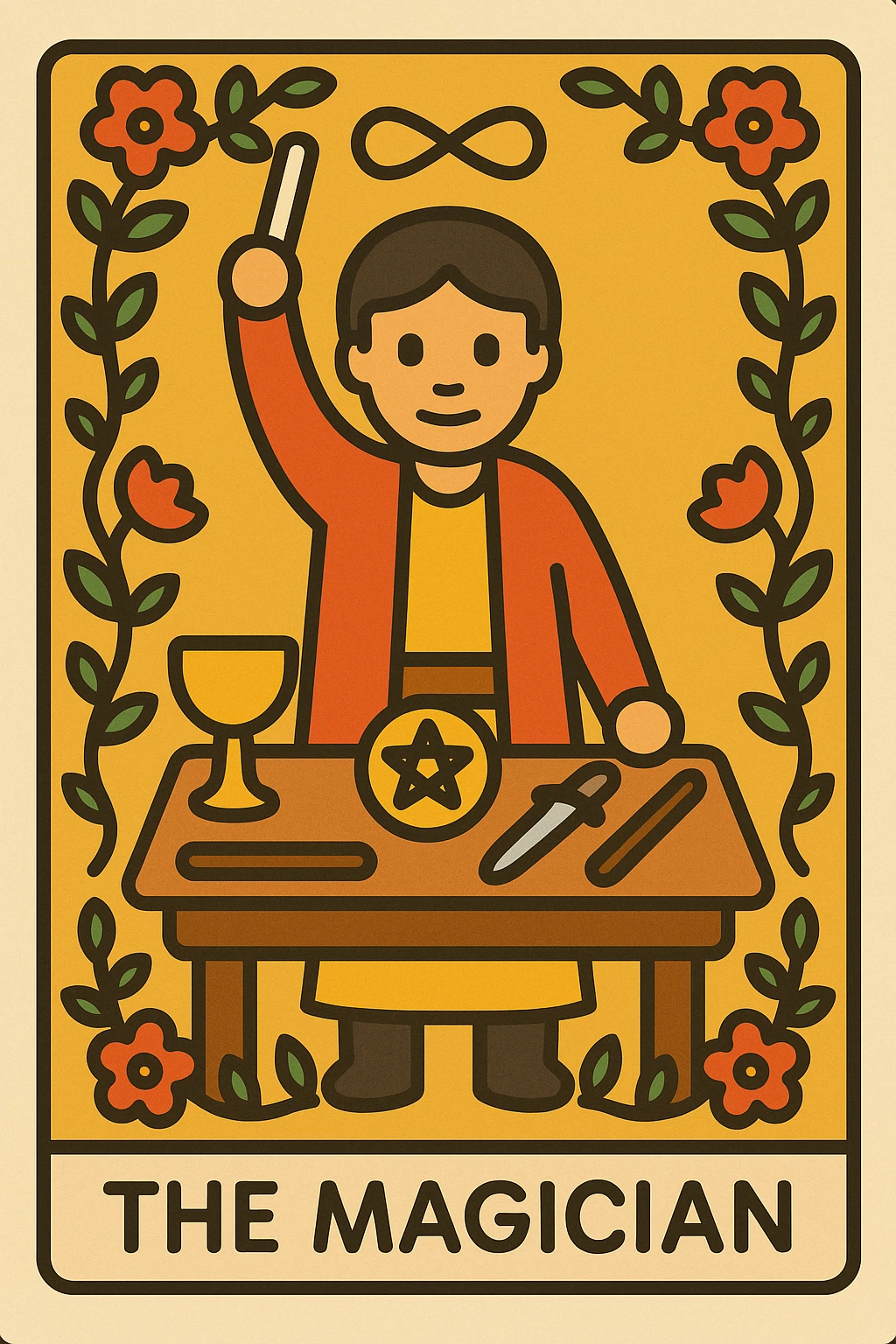Simplified emoji of The Magician tarot card inspired by Rider Waite Smith, showing a magician with a wand, table with symbols, and a floral border, classic tarot card style emoji