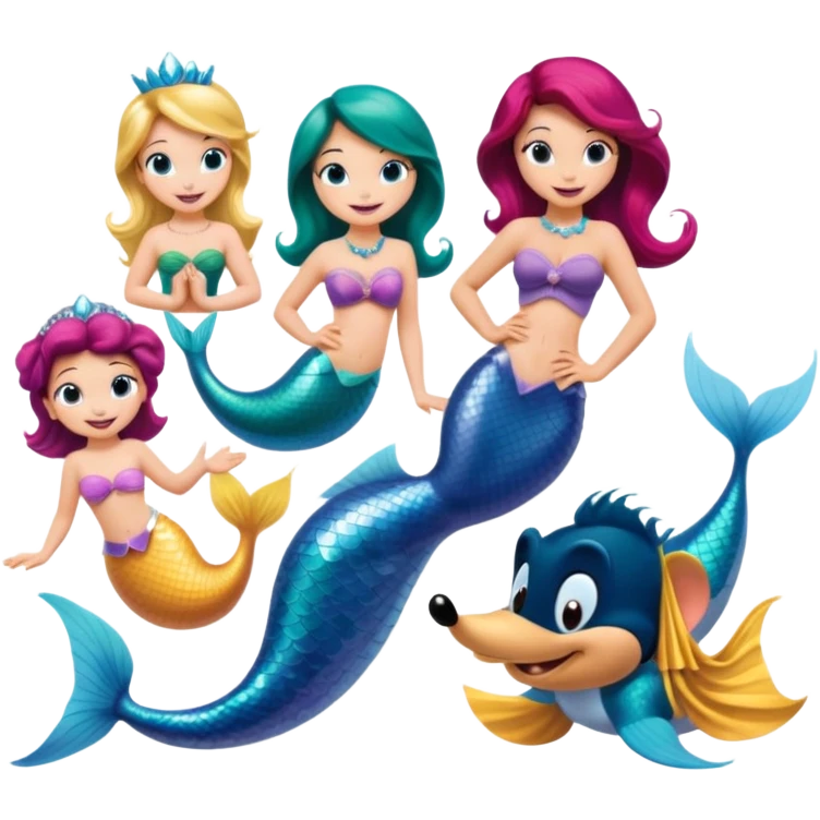 Colorful icon for Animated Movies: mermaid costume and could A vibrant collage featuring iconic characters like Goofy, Mickey Mouse, Franco, Masha and the Bear and Luntik. Each character should be large and bright, set against a cheerful and playful background of Disneyland. Transparent background. emoji