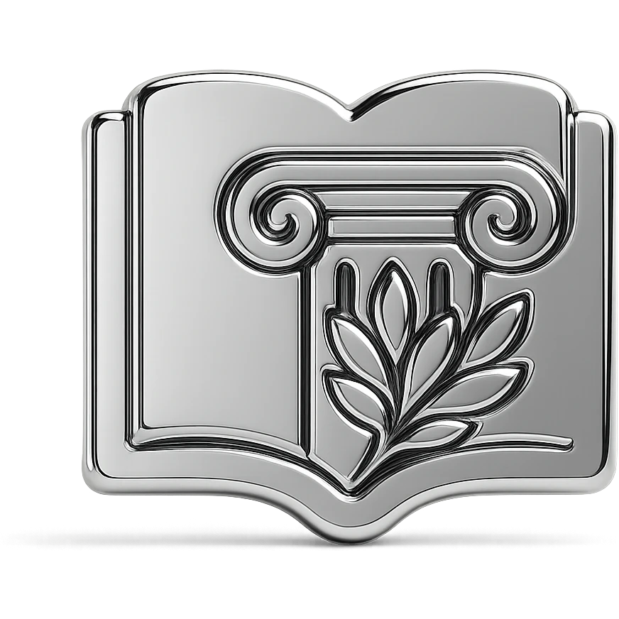 Minimal flat icon representing stoic philosophy and journaling: an open notebook combined with a classical column or laurel symbol, representing wisdom, reflection and inner discipline emoji