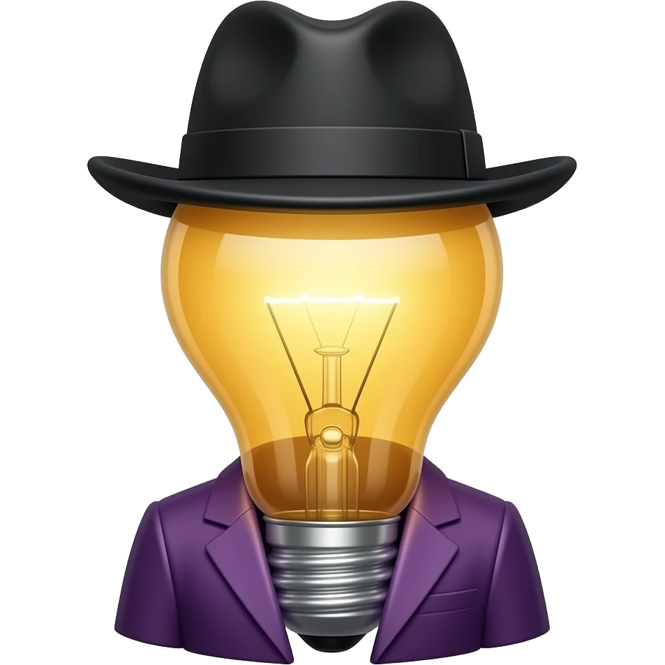 A light bulb in a purple jacket with a black hat emoji