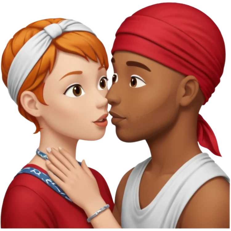 Two people naked kissing, brown man with bandana no hair, white girl ginger hair emoji