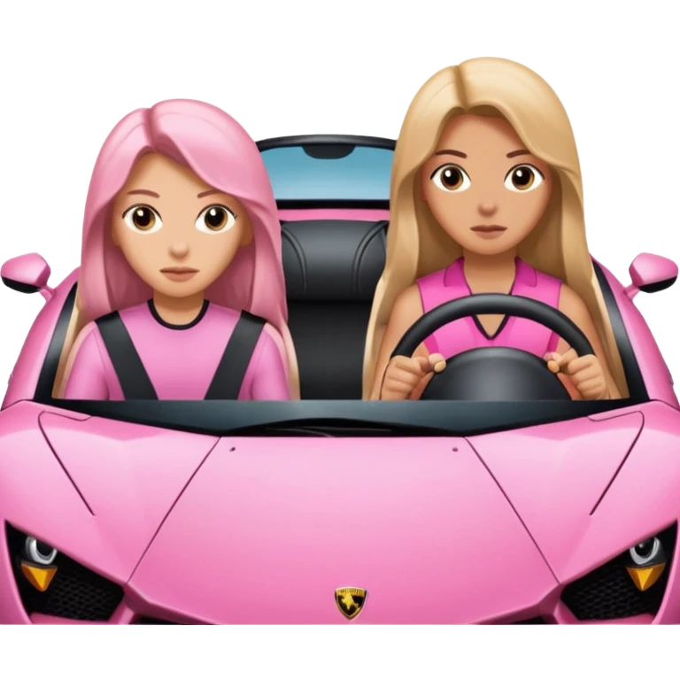 Make car far away so I can see full car Car facing forward in sports car. Make hair long  two girls in car far away Front of car sitting in the seats. Make it a pink sports car. They are two baddies make it a Lamborghini pink car  emoji