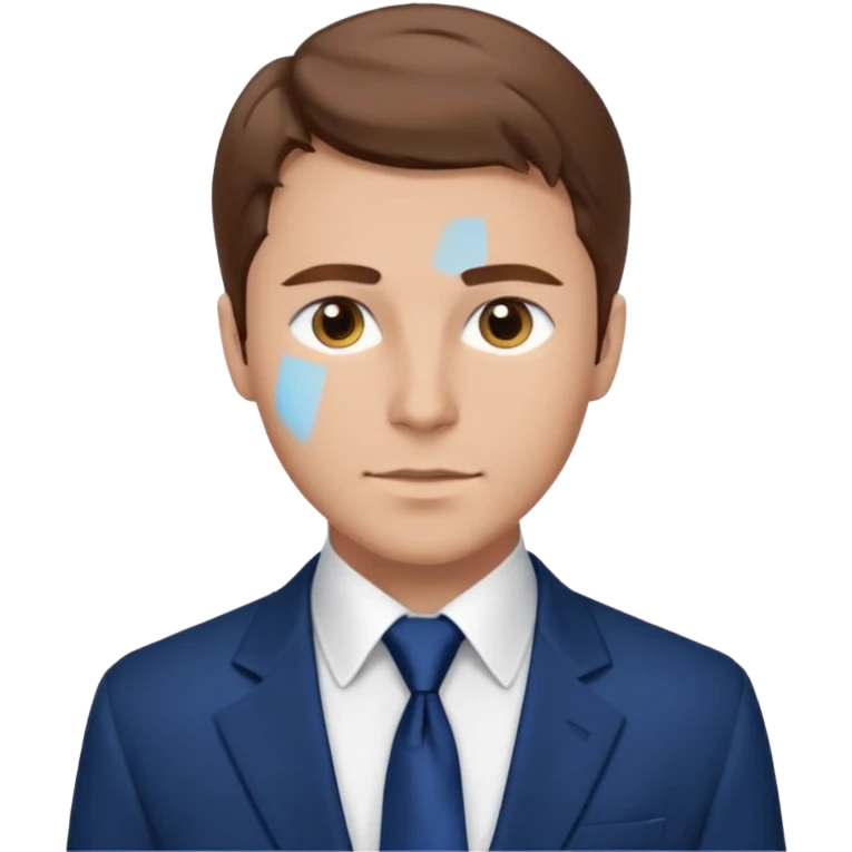 un homme type caucasien brun avec des jolies traits avec une chemise blanche et une veste a manche longues et cravate bleu il a les yeux marron emoji