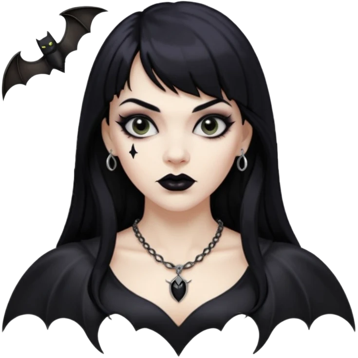 vampira mulher branca com cabelo preto longo com franja na testa, sobrancelha grossa e lábios com batom preto com colar preto e pingente de morcego preto emoji