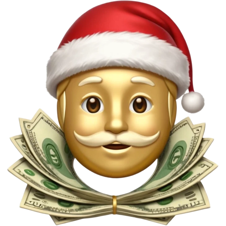 A confident rich emoji face wearing a Santa hat, money stacks, casino vibe, New Year theme, premium 3D emoji style, sharp details, no text, isolated on transparent background emoji