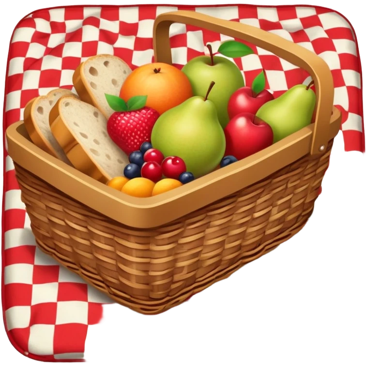 picnic basket with fruit and bread on a checkered blanket emoji