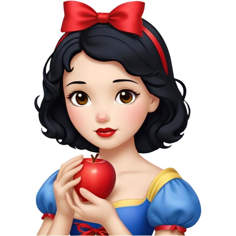 Cinematic Realistic Snow White Portrait, depicted with lifelike skin texture, soft natural lighting, and intricately detailed black hair styled with a red ribbon. Her soft brown eyes radiate innocence and kindness, complemented by a warm, gentle smile. She holds an apple in one hand, her other hand resting against her cheek, embodying her purity and charm. She is dressed in her classic yellow, blue, and red gown, the fabric rich in texture with delicate folds that catch the light beautifully. The portrait features a soft, natural glow with a radiant finish, capturing the essence of timeless beauty in a realistic and painterly style. emoji