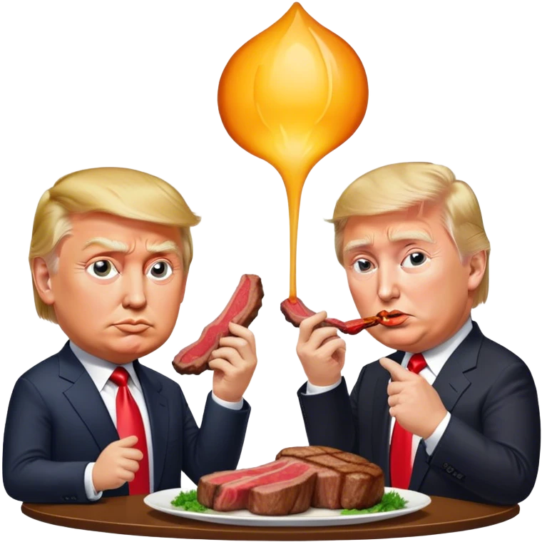 photorealistic Donald Trump and Putin eating a steak shaped like an piece of land emoji