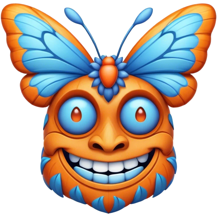 Cartoon Blue and orange smiling tiki with butterfly  emoji