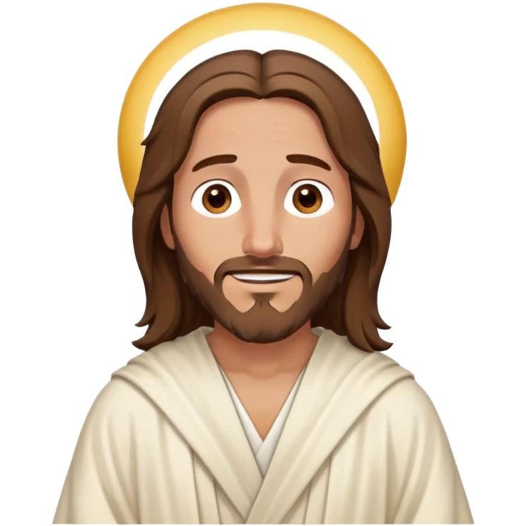 Cg cartoon Jesus, head to shoulders, brown hair, eyes squinted in laughter with 2 tears falling to each side, off-white ancient middle eastern robe. emoji