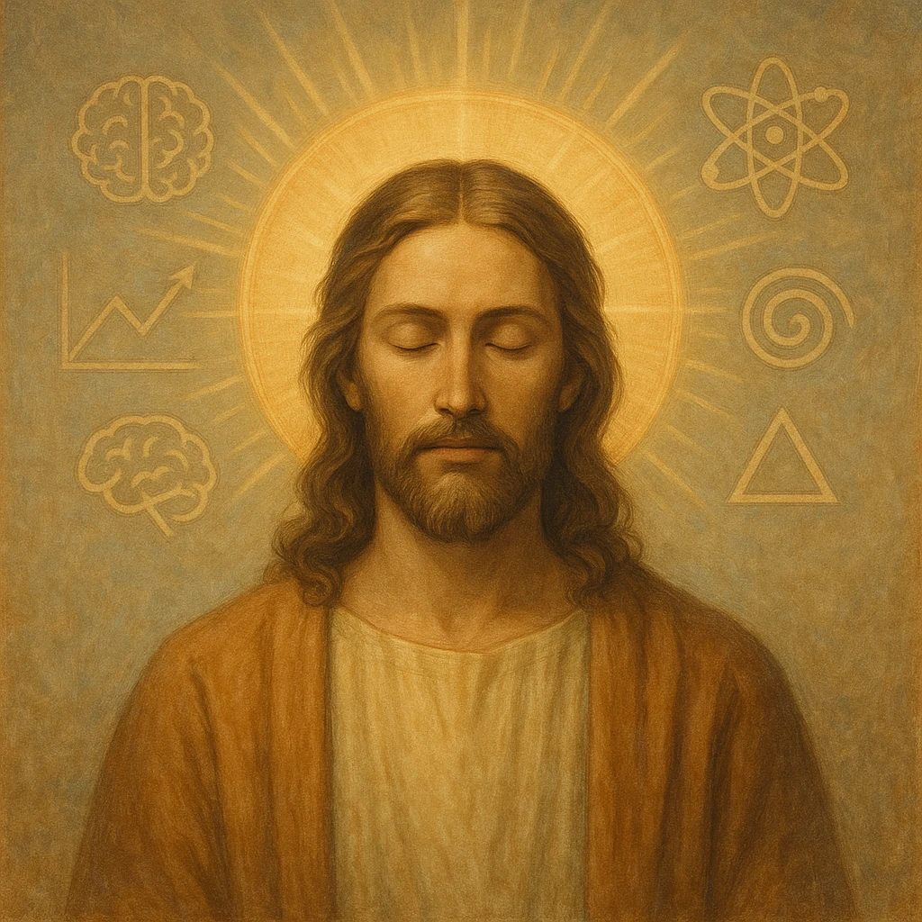 Christ Guardian of Mind, calm wise presence with luminous halo, eyes closed in meditation, gentle rays of light emanating from head, abstract symbols of intellect, tranquil spiritual style emoji