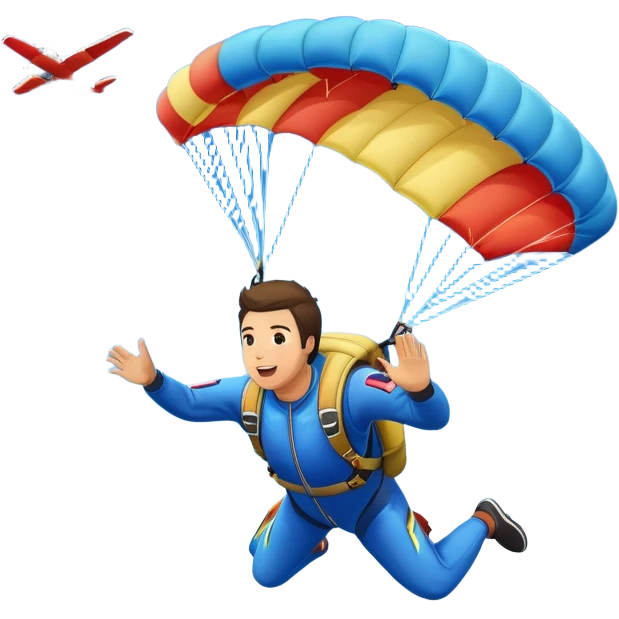 A skydiver free-falling through the sky, with a brightly colored parachute open above them. The background features a vast blue sky dotted with fluffy clouds, birds soaring nearby, and a plane flying off in the distance, emphasizing the thrill and freedom of the sport. emoji