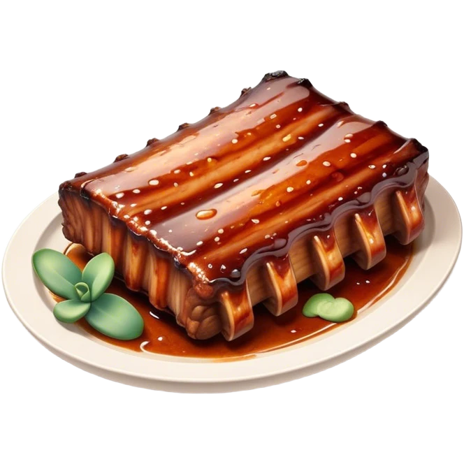 Cinematic Realistic Barbeque Ribs Dish Emoji, depicted as succulent, slow-cooked ribs with a sticky smoky glaze rendered with rich textures and dynamic, appetizing lighting. emoji