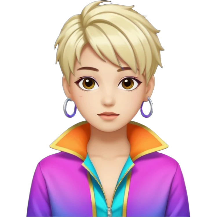 A stylish young idol in colorful stage outfit, trendy hairstyle with dyed highlights emoji