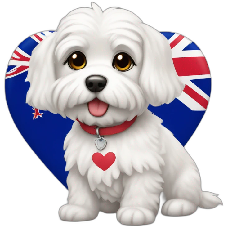 white maltipo dog in a new zealand flag shaped heart emoji