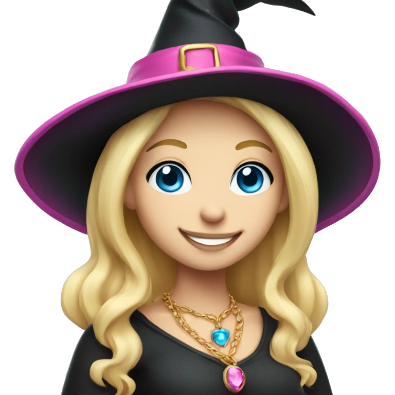 Blonde blue eyed witch smiling, wearing a gold necklace with pink pendant and a black and pink witch hat emoji