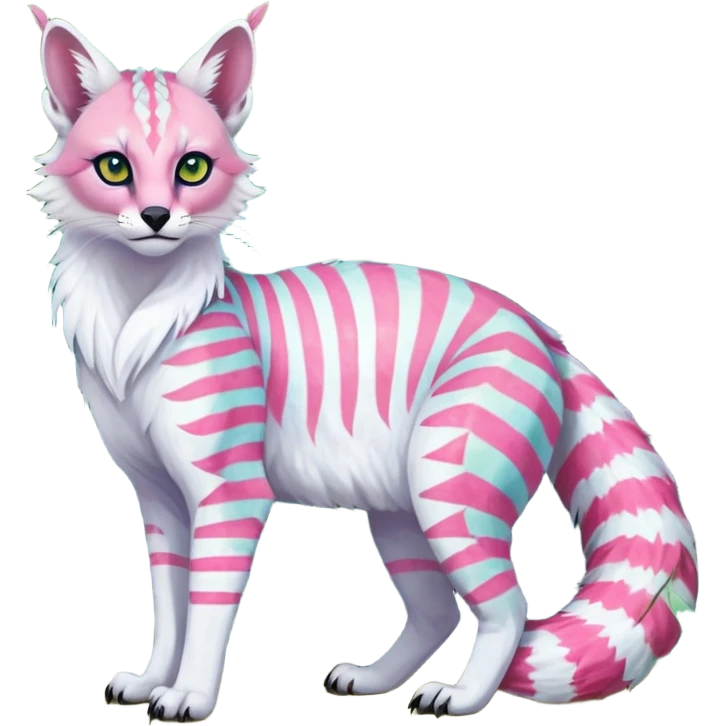 Colorful tropical tribal pale light fruity pastel white glorious iridescent exotic albino neon vibrant zigzagged fantasy-caracal-civet-genet-sergal-vernid-Gryphon-Cacomistle-Trico-oncilla-animal-Fakémon-hybrid-fursona (full body), facial markings,  emoji