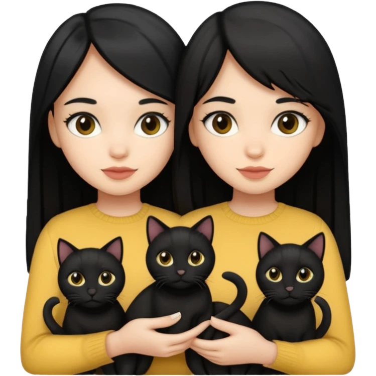 2 light skin tone girls with black straight hair holding 3 black cats emoji