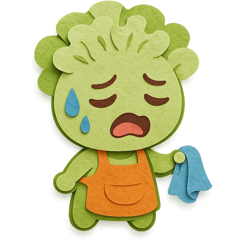 light green carnation flower with a messy apron and exhausted face, sweat dripping, holding a cleaning rag, super round chibi style, paper-craft style emoji