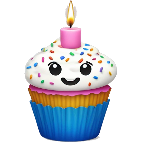 Cupcake with white frosting, a blue wrapper, rainbow sprinkles, and a pink candle emoji