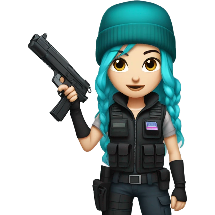 Girl, white skin, tactical vest, dark pants, long teal purple hair, blue eyes, black beanie hat, gun, black combat boots emoji